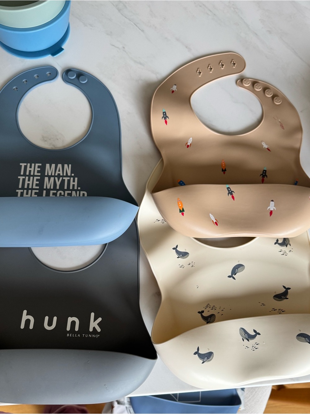 Set of 4 Silicone Baby Bibs - Blue, Beige, Cream Bella Tunno and Mushie brand